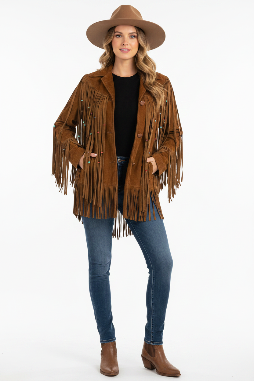 Women Fringe Suede Leather Beaded Jacket- ZLC-WWJ-2044