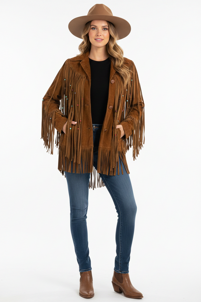 Women Fringe Suede Leather Beaded Jacket- ZLC-WWJ-2044