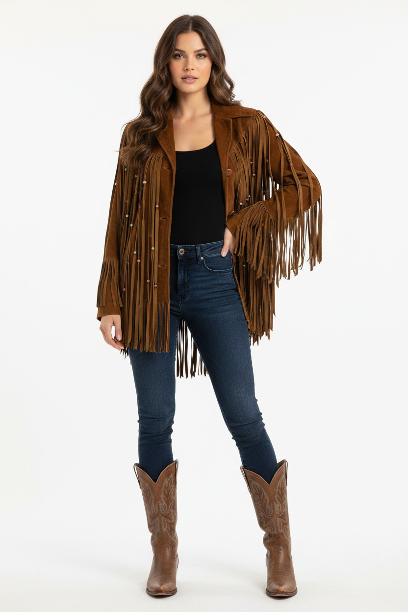 Women Fringe Suede Leather Beaded Jacket- ZLC-WWJ-2044