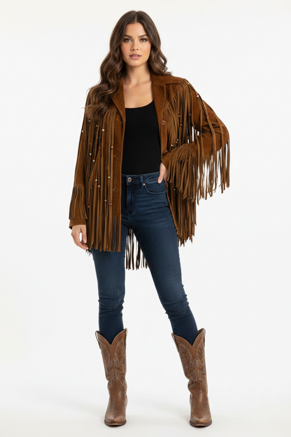 Women Fringe Suede Leather Beaded Jacket- ZLC-WWJ-2044