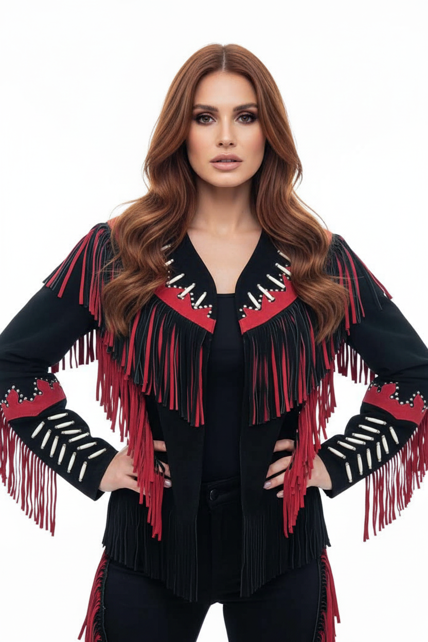 Woman wearing a black and red fringed jacket on a white background