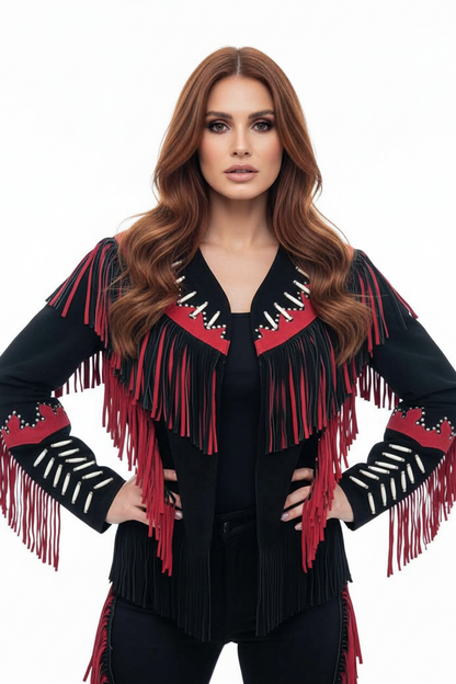 Woman wearing a black and red fringed jacket on a white background