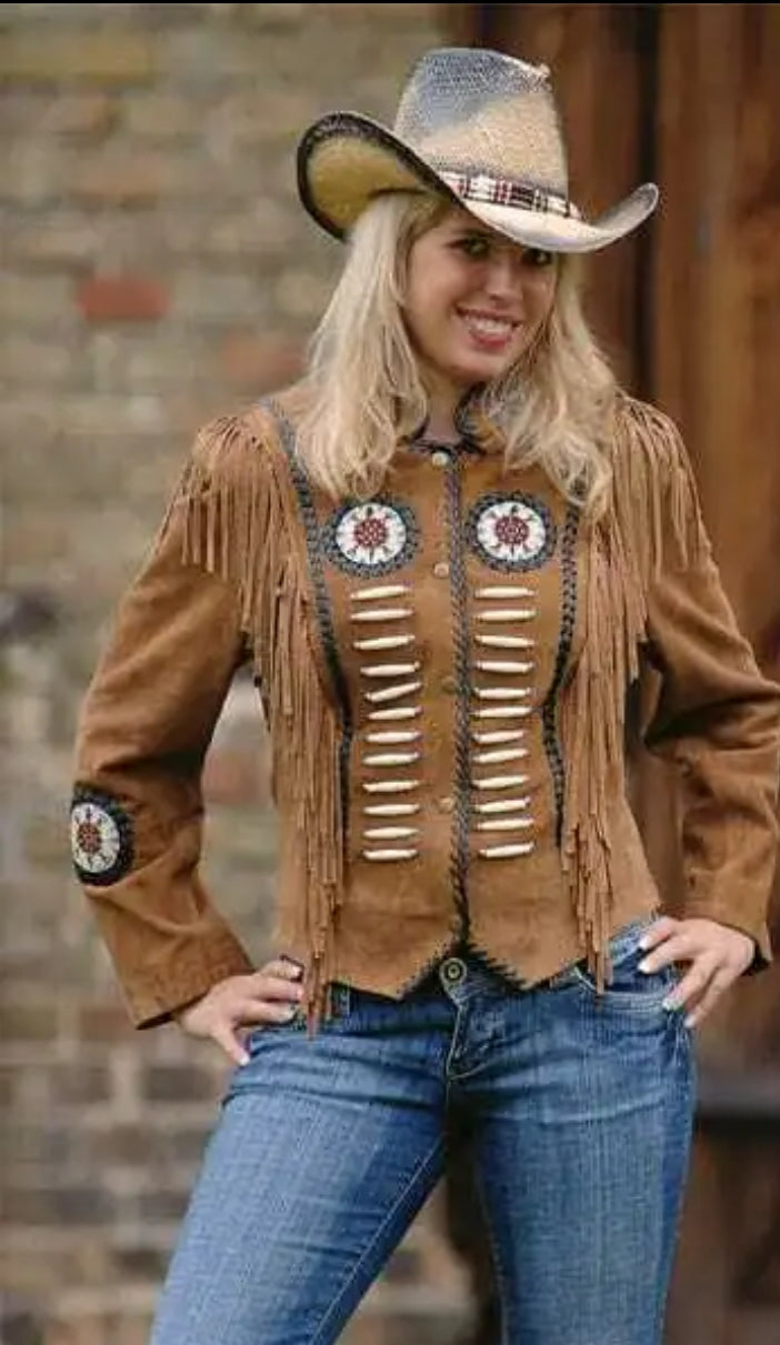 Women Native American Western Cowboy Leather Jacket Suede Fringe & Beaded -ZLC-WWJ-2052