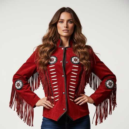 Women Fringe Suede Leather Beaded Jacket- ZLC-WWJ-2053