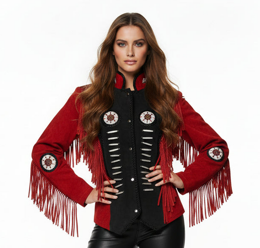 Women Fringe Suede Leather Beaded Jacket - ZLC-WWJ-2056