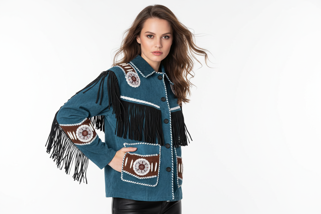 Women Fringe Suede Leather Beaded Jacket- ZLC-WWJ-2059