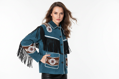 Women Fringe Suede Leather Beaded Jacket- ZLC-WWJ-2059
