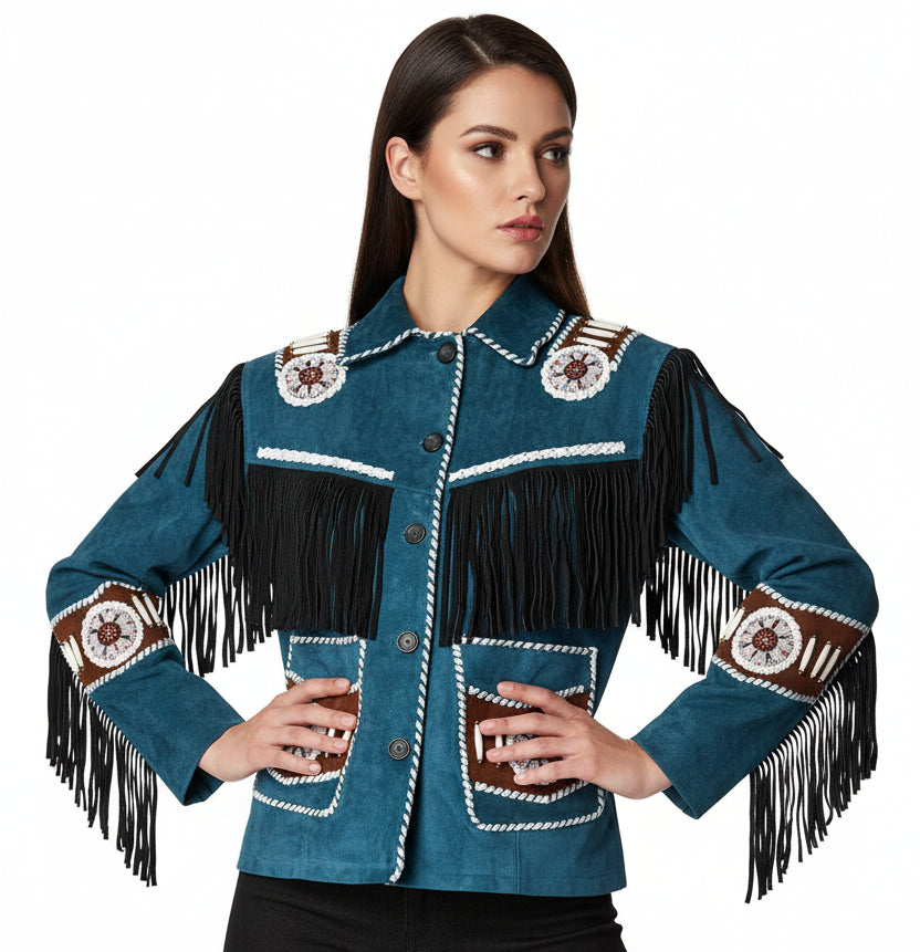 Women Fringe Suede Leather Beaded Jacket- ZLC-WWJ-2059