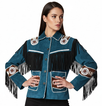 Women Fringe Suede Leather Beaded Jacket- ZLC-WWJ-2059