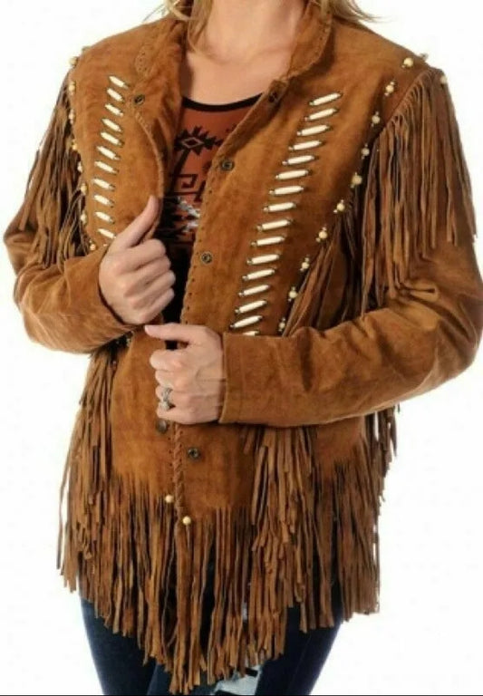 Women Native American Western Cowboy Leather Jacket Suede Fringe & Beaded -ZLC-WWJ-2069