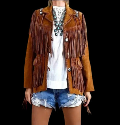 Women Native American Western Cowboy Leather Jacket Suede Fringe & Beaded -ZLC-WWJ-2078