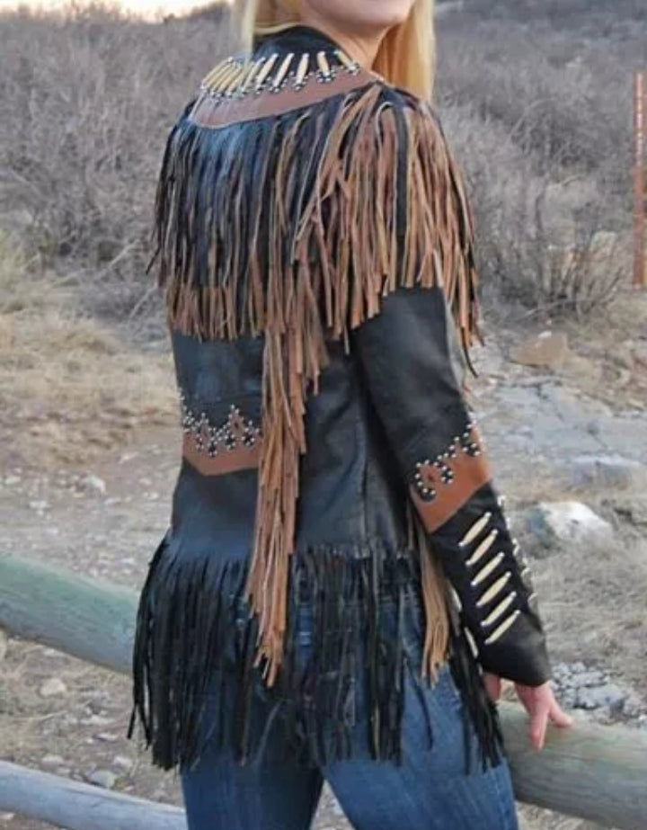 Women Native American Western Cowboy Leather Jacket Suede Fringe & Beaded -ZLC-WWJ-2079