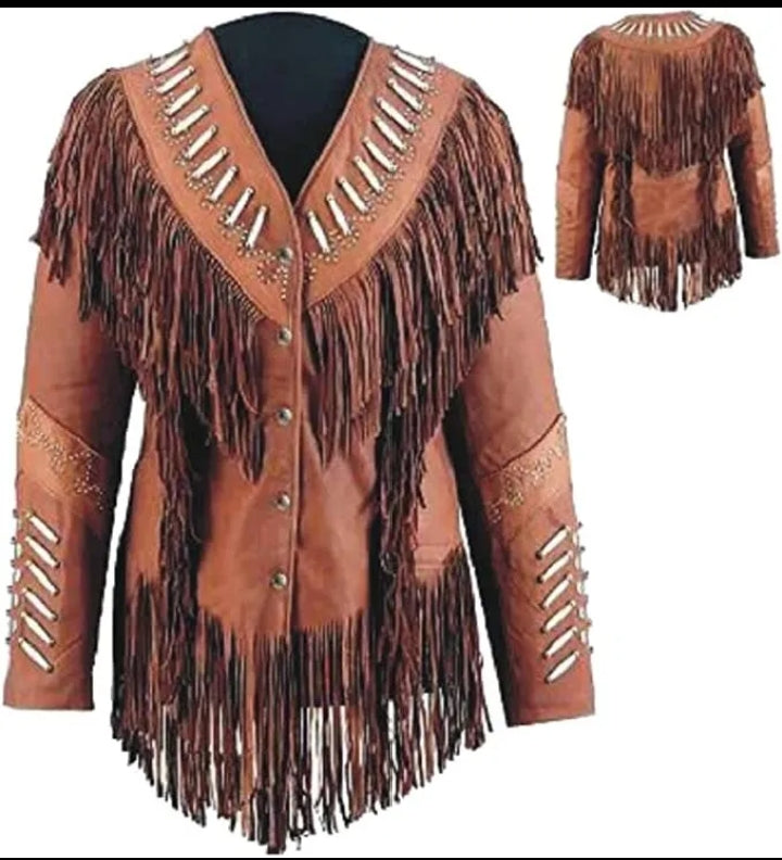 Women Native American Western Cowboy Leather Jacket Suede Fringe & Beaded -ZLC-WWJ-2080