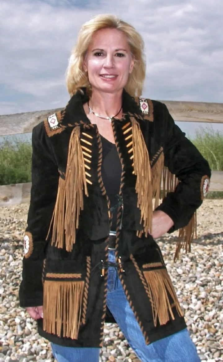 Women Native American Western Cowboy Leather Jacket Suede Fringe & Beaded -ZLC-WWJ-2086